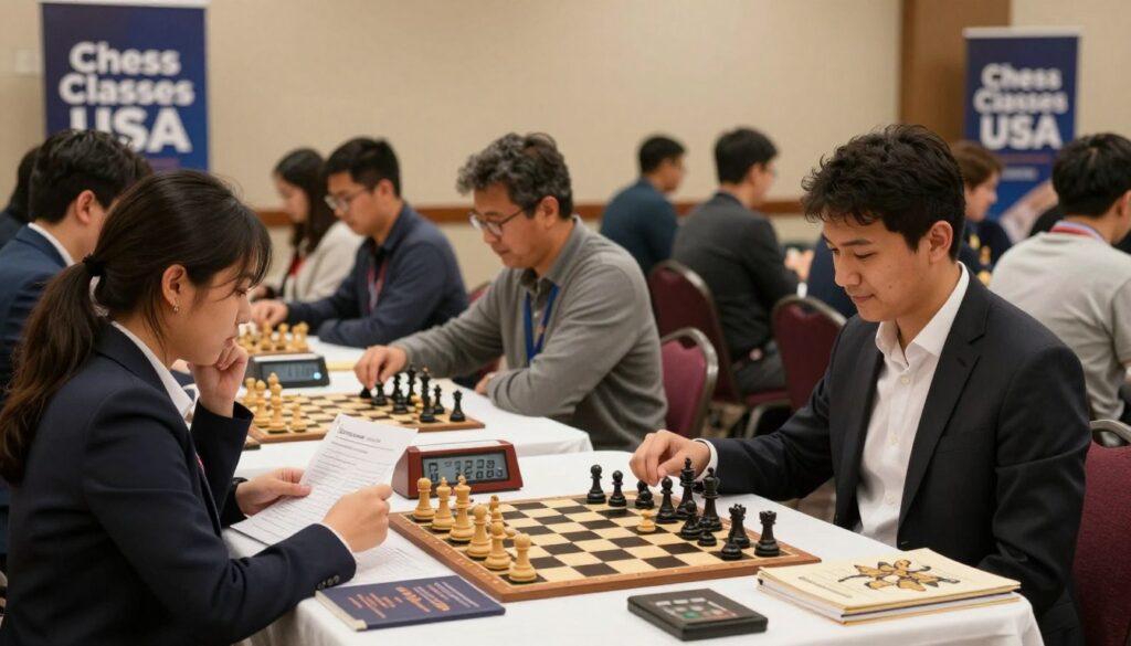 A chess tournament preparation scene, focusing on a diverse group of players sitting at a series of tables, diligently setting up their chess pieces on elegant wooden boards. In the foreground, a young woman in professional business attire thoughtfully reviews her game notes, surrounded by various chess clocks and strategy books. In the middle ground, another player, a middle-aged man in modest casual clothing, is inspecting a chessboard while deep in concentration, with a faint smile suggesting anticipation. The background features a softly lit tournament hall, with banners of "Chess Classes USA" hanging prominently, creating an inviting atmosphere. The overall mood is one of excitement and determination, captured with warm lighting to emphasize the camaraderie among participants, using a portrait lens to focus on the players' expressions and the intricate details of the chess sets.