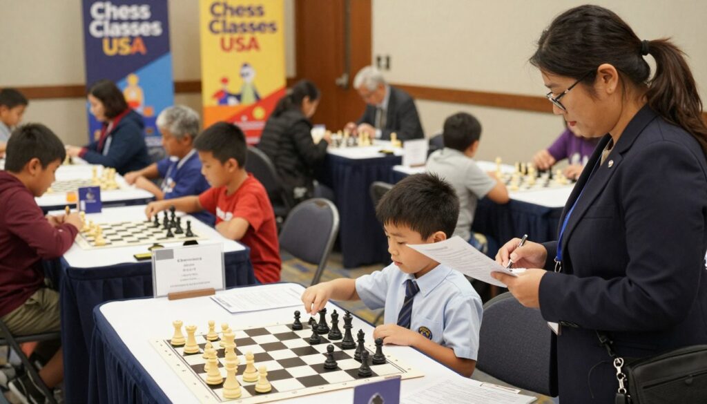 A chess tournament scene, depicting a registration and check-in area filled with parents and children, emphasizing a friendly yet competitive atmosphere. In the foreground, a child dressed in a modest, professional outfit is excitedly checking in at a registration desk, while a parent stands beside them, attentively reviewing tournament rules on a clipboard. In the middle, various chess boards and players are set up, showcasing both young and old participants engaged in games. The background features colorful banners with "Chess Classes USA", creating an inviting environment. Warm lighting enhances a positive mood, and a slight depth of field effect blurs the background subtly, focusing on the registration process. The overall scene is vibrant and informative, encapsulating the essence of navigating tournament logistics.