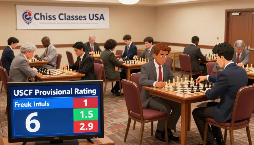 A chess tournament scene featuring a USCF provisional rating display prominently in the foreground, illuminated by warm, soft lighting. Display the rating as a digital scoreboard with vibrant colors, blending elements of modern technology with classic chess aesthetics. In the middle ground, diverse players of various ages and ethnicities, dressed in professional business attire, are engaged in intense games at elegantly crafted wooden chess tables decorated with chess pieces. In the background, a banner for "Chess Classes USA" hangs proudly, conveying the atmosphere of a formal and competitive chess environment. Capture a sense of focus and determination among the players, with blurred motion effects to emphasize the intensity of the matches, all nestled within a spacious, brightly lit hall.