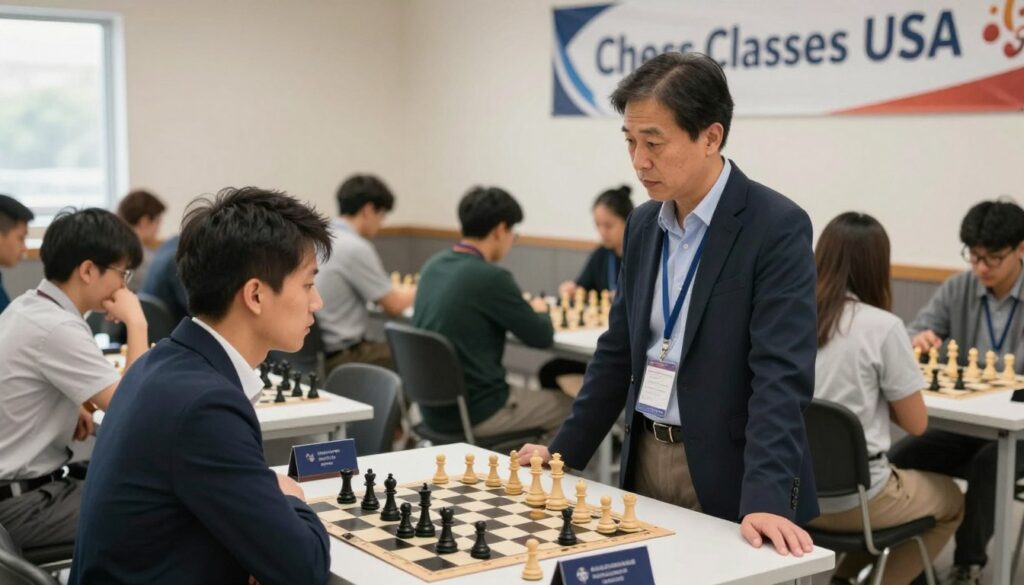 A chess tournament scene focused on the interaction between a concerned parent and a tournament director in a well-lit registration area. In the foreground, a parent dressed in professional business attire is politely discussing a dispute with a calm tournament director, who is wearing a badge. The middle ground features chess boards set up for various games, with players thoughtfully engaged, displaying a mix of concentration and respect for the environment. In the background, a banner reading "Chess Classes USA" hangs prominently. Soft, natural lighting creates a welcoming and professional atmosphere, emphasizing respect and cooperation. The angle captures the interaction while showcasing the organized chaos of a chess tournament.