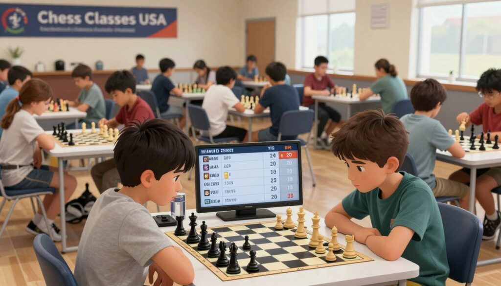 A chess tournament scene showcasing a close-up view of a scoreboard displaying player names, scores, and tie-break information. In the foreground, two focused children in modest casual clothing are analyzing their scores and discussing strategies, with chess pieces on a table beside them. The middle layer features a bustling tournament hall, with rows of players sitting at tables, engaged in their games, creating an atmosphere of concentration and excitement. The background includes banners for "Chess Classes USA," subtly enhancing the chess community ambiance. Soft, natural lighting filters through large windows, casting gentle shadows and highlighting the intensity of the competition. The overall mood is dynamic and inspiring, emphasizing both learning and friendly rivalry among young chess enthusiasts.