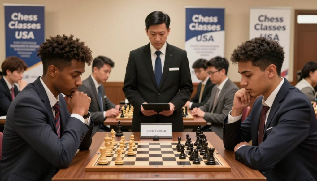 A chess tournament scene showcasing proper etiquette and rules in a vibrant, competitive atmosphere. In the foreground, two diverse players in professional business attire are deeply focused on their chessboards, displaying thoughtful expressions. In the middle, a referee in a smart suit observes the game closely, ensuring fair play, while a small group of spectators watches quietly, adhering to the tournament's code of conduct. In the background, banners for "Chess Classes USA" hang on the walls, adding to the professional environment. The lighting is warm and inviting, enhancing the concentration of the players, with a slight depth of field effect that blurs the audience, emphasizing the intensity of the competition. The overall mood reflects respect, focus, and the seriousness of mastering tournament etiquette.