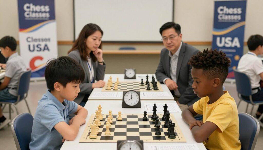A chess tournament setting featuring a diverse group of children and parents displaying proper etiquette and sportsmanship. In the foreground, two young players, one Asian and one Black, are focused on a chessboard, their expressions serious yet respectful. Parents in the background, dressed in smart casual attire, observe intently, showing support and encouragement. The middle ground includes a neatly arranged tournament table with chess sets, score sheets, and clocks. Soft, natural lighting highlights the scene, creating a warm and inviting atmosphere. The setting is a well-organized tournament hall at a school, adorned with banners for "Chess Classes USA." The overall mood reflects professionalism, focus, and camaraderie, underscoring the importance of etiquette in chess competitions. A chess tournament setting featuring a diverse group of children and parents displaying proper etiquette and sportsmanship. In the foreground, two young players, one Asian and one Black, are focused on a chessboard, their expressions serious yet respectful. Parents in the background, dressed in smart casual attire, observe intently, showing support and encouragement. The middle ground includes a neatly arranged tournament table with chess sets, score sheets, and clocks. Soft, natural lighting highlights the scene, creating a warm and inviting atmosphere. The setting is a well-organized tournament hall at a school, adorned with banners for "Chess Classes USA." The overall mood reflects professionalism, focus, and camaraderie, underscoring the importance of etiquette in chess competitions.