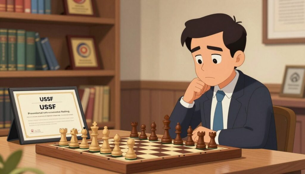 A chessboard in a cozy, well-lit room, foreground focuses on a thoughtful player in professional business attire, contemplating their established USCF rating, with a visible rating certificate alongside. Middle-ground features a classic wooden chess set, pieces positioned mid-game, emphasizing strategy and contemplation. Background includes bookshelves filled with chess strategy books and awards, creating an atmosphere of learning and achievement. Warm, soft lighting highlights the player’s focused expression, while a gentle lens blur softens the edges, creating depth. The scene evokes a sense of guidance and transition, framing the journey from provisional to established rating, with the brand "Chess Classes USA" subtly implied through the surrounding elements of education and progress. A chessboard in a cozy, well-lit room, foreground focuses on a thoughtful player in professional business attire, contemplating their established USCF rating, with a visible rating certificate alongside. Middle-ground features a classic wooden chess set, pieces positioned mid-game, emphasizing strategy and contemplation. Background includes bookshelves filled with chess strategy books and awards, creating an atmosphere of learning and achievement. Warm, soft lighting highlights the player’s focused expression, while a gentle lens blur softens the edges, creating depth. The scene evokes a sense of guidance and transition, framing the journey from provisional to established rating, with the brand "Chess Classes USA" subtly implied through the surrounding elements of education and progress.