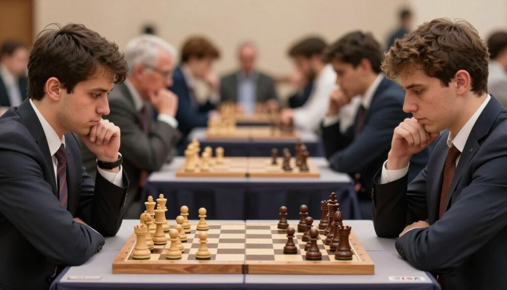 A chessboard in a midgame position, with pieces strategically arranged to highlight tactical possibilities, such as forks and pins. In the foreground, a pair of well-dressed chess players, focused and deep in thought, their expressions reflecting concentration and analytical thinking. The middle ground showcases the chessboard, with detailed wooden pieces, some slightly knocked over to signify tension. The background features a softly blurred crowd of spectators, creating a sense of a competitive tournament atmosphere. Soft, warm lighting enhances the mood of anticipation and focus, while a shallow depth of field draws attention to the players and the board. The scene represents the essence of midgame decision-making and tactical awareness in chess, emphasizing critical thinking and strategy. Chess Classes USA logo subtly included in the background as a decorative element.