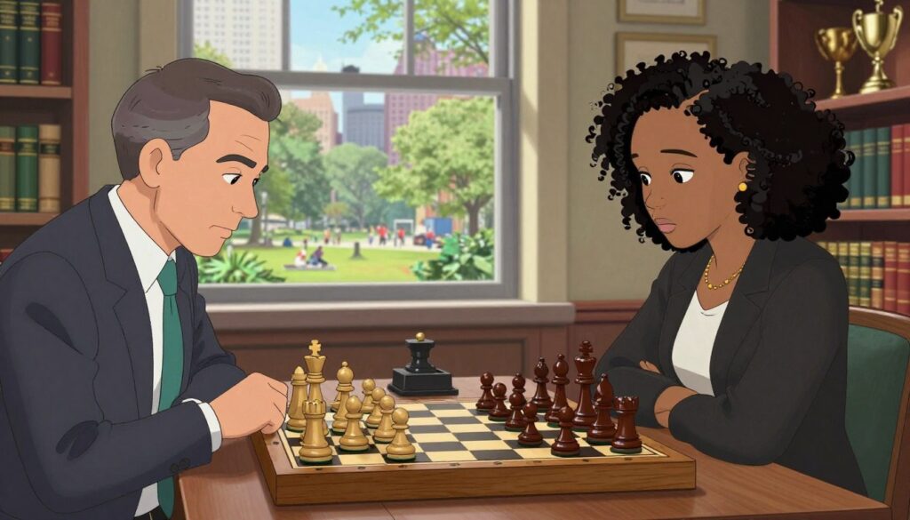 A classic over-the-board chess scene set in a well-lit, elegant room. In the foreground, a wooden chessboard with meticulously crafted pieces stands ready for a match, showcasing intricate details like shiny pawns and a regal king. Two players, a middle-aged Caucasian man and a young Black woman, are focused intently on the game, dressed in professional business attire, reflecting a competitive yet respectful ambiance. In the middle ground, a large window reveals a view of a vibrant city park, providing a soft natural light that enhances the atmosphere. In the background, shelves lined with chess books and trophies evoke a sense of chess mastery. The mood is tense yet engaging, highlighting the intensity and strategical depth of over-the-board chess. The image should include subtle branding for Chess Classes USA, integrated seamlessly into the scene.