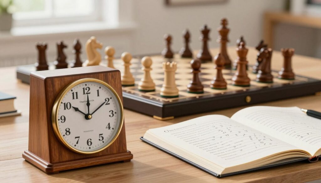 A clean workspace featuring a classic wooden chess clock displaying the time running down, placed prominently in the foreground. Adjacent to the clock, an open chess notation book reveals clear, beginner-friendly explanations of chess moves and symbols. In the middle ground, a sleek chessboard set up with elegantly carved pieces, showing an ongoing match. The background features soft, natural lighting coming from a nearby window, creating a warm and inviting atmosphere. The overall mood is educational and encouraging, perfect for beginners. The brand name "Chess Classes USA" subtly appears on the chess notation book cover in a tasteful manner.