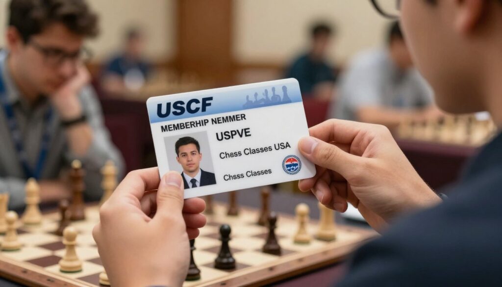 A close-up of a USCF ID card displaying the name, membership number, and a photo of a player. The card should be held in the hands of a focused, professional-looking individual dressed in smart casual attire, reflecting a sense of excitement and purpose. The background features a blurred chess tournament scene, with players deep in thought over their boards and warm, ambient lighting creating an inviting atmosphere. Soft shadows accentuate the ID card and the individual's fingers gripping it, showcasing the importance of the USCF ID in competitive chess. Include a subtle logo for "Chess Classes USA" in the lower corner of the image, blending seamlessly into the design. The overall mood should convey professionalism, opportunity, and enthusiasm for the game.