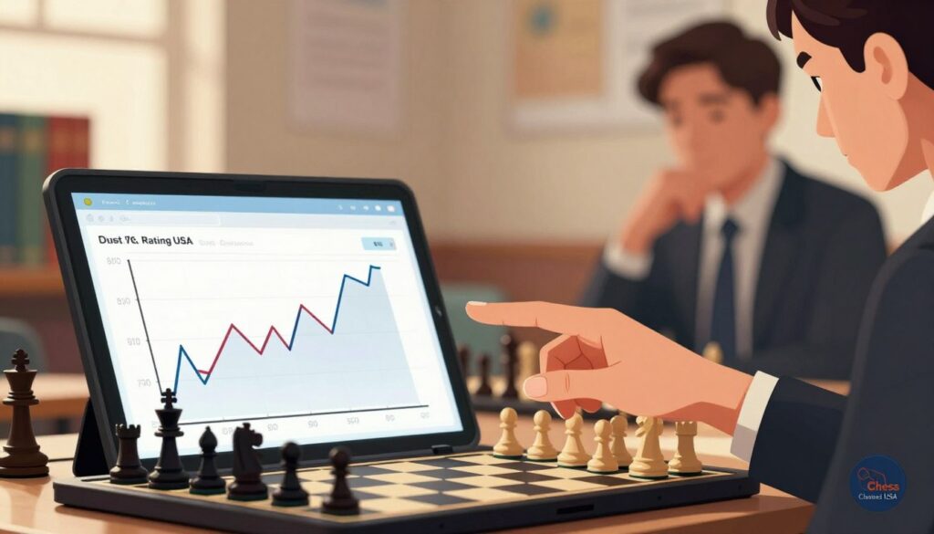 A close-up of a digital chessboard displaying a fluctuating rating graph, symbolizing the psychological journey of chess players. In the foreground, a hand reaches out to touch the screen, highlighting a specific rating, with polished fingernails. The middle ground features a blurred silhouette of a thoughtful player, dressed in professional business attire, contemplating their rating. The background shows subtle elements of a chess classroom, including books and a large chess set, softly illuminated by warm, ambient lighting to evoke a sense of introspection and hope. The overall mood is one of contemplation and ambition. Include a small logo in the corner with "Chess Classes USA" to represent the organization.