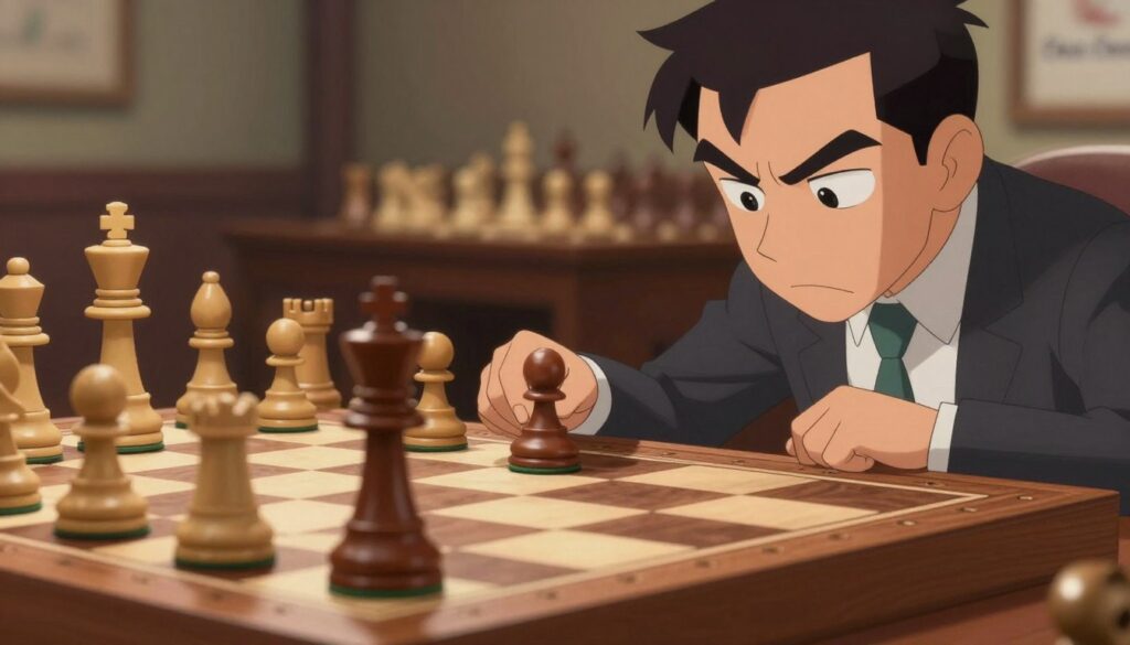 A close-up of an intense chess endgame scenario on a beautifully crafted wooden chessboard, showcasing a player in professional business attire leaning forward, deeply focused on the pieces. In the foreground, a strategically positioned king and pawn are emphasized, representing refining endgame techniques. The middle ground features an assortment of pawns and bishops, creating a tension-filled atmosphere. A blurred background reveals a soft-lit chess club with soft ambient lighting that casts gentle shadows across the board, enhancing dramatic focus on the game. The image conveys a sense of concentration and strategic thinking, embodying the art of chess at its finest. Include the logo of "Chess Classes USA" subtly integrated into the background. A close-up of an intense chess endgame scenario on a beautifully crafted wooden chessboard, showcasing a player in professional business attire leaning forward, deeply focused on the pieces. In the foreground, a strategically positioned king and pawn are emphasized, representing refining endgame techniques. The middle ground features an assortment of pawns and bishops, creating a tension-filled atmosphere. A blurred background reveals a soft-lit chess club with soft ambient lighting that casts gentle shadows across the board, enhancing dramatic focus on the game. The image conveys a sense of concentration and strategic thinking, embodying the art of chess at its finest. Include the logo of "Chess Classes USA" subtly integrated into the background.
