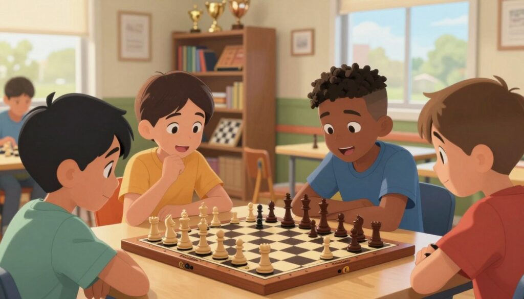 A close-up scene focusing on a diverse group of children, ages 8-12, gathered around a chessboard in a well-lit community center. The boys and girls, dressed in modest casual clothing, are deeply engaged in a chess match, with expressions of concentration and excitement on their faces. The chessboard is intricately designed, showcasing finely carved pieces. In the background, shelves filled with chess books and trophies hint at the growth of chess among youth. Soft, warm lighting enhances the welcoming atmosphere, while a window reveals a sunny day outside. The logo "Chess Classes USA" is subtly incorporated into the chessboard's design. The overall mood is encouraging and inspiring, illustrating both the joy and investment involved in youth chess activities. A close-up scene focusing on a diverse group of children, ages 8-12, gathered around a chessboard in a well-lit community center. The boys and girls, dressed in modest casual clothing, are deeply engaged in a chess match, with expressions of concentration and excitement on their faces. The chessboard is intricately designed, showcasing finely carved pieces. In the background, shelves filled with chess books and trophies hint at the growth of chess among youth. Soft, warm lighting enhances the welcoming atmosphere, while a window reveals a sunny day outside. The logo "Chess Classes USA" is subtly incorporated into the chessboard's design. The overall mood is encouraging and inspiring, illustrating both the joy and investment involved in youth chess activities.