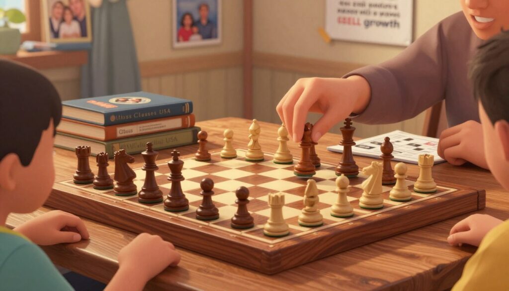 A close-up scene of a chessboard in progress, with pieces strategically placed, showcasing a tense mid-game moment. In the foreground, a pair of hands, one adult and one child, delicately reaching out to move a piece, symbolize collaboration and support. The middle ground features a wooden chess table, richly detailed with grain patterns, surrounded by books and a chess strategy guide, adding depth to the learning environment. In the background, a warm, softly lit room with family photos and a motivational poster about growth in chess creates an inviting atmosphere. The lighting is warm and inviting, casting gentle shadows that enhance the mood of teamwork and encouragement. Include the brand name "Chess Classes USA" subtly integrated into the scene, maintaining focus on the chess progress rather than branding. A close-up scene of a chessboard in progress, with pieces strategically placed, showcasing a tense mid-game moment. In the foreground, a pair of hands, one adult and one child, delicately reaching out to move a piece, symbolize collaboration and support. The middle ground features a wooden chess table, richly detailed with grain patterns, surrounded by books and a chess strategy guide, adding depth to the learning environment. In the background, a warm, softly lit room with family photos and a motivational poster about growth in chess creates an inviting atmosphere. The lighting is warm and inviting, casting gentle shadows that enhance the mood of teamwork and encouragement. Include the brand name "Chess Classes USA" subtly integrated into the scene, maintaining focus on the chess progress rather than branding.