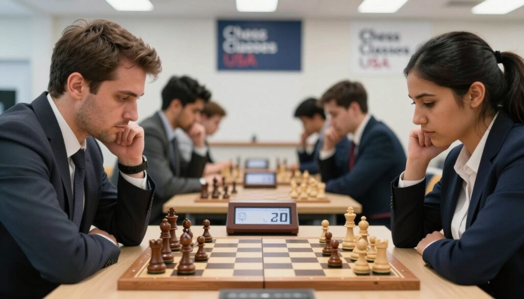 A close-up scene of an intense chess match set in a bright, modern tournament hall. In the foreground, two chess players, one Caucasian man and one Hispanic woman, are engrossed in thought, both dressed in professional business attire. They are positioned at a polished chess table, with a high-quality chess set featuring glossy wooden pieces. The middle of the image showcases a chess clock ticking down, emphasizing the competitive atmosphere. In the background, blurred silhouettes of other participants can be seen, deep in concentration, with banners displaying "Chess Classes USA" hanging on the walls. The lighting is bright yet soft, enhancing the focus on the players. The overall mood conveys a sense of urgency and strategy, highlighting common pitfalls for new tournament players.