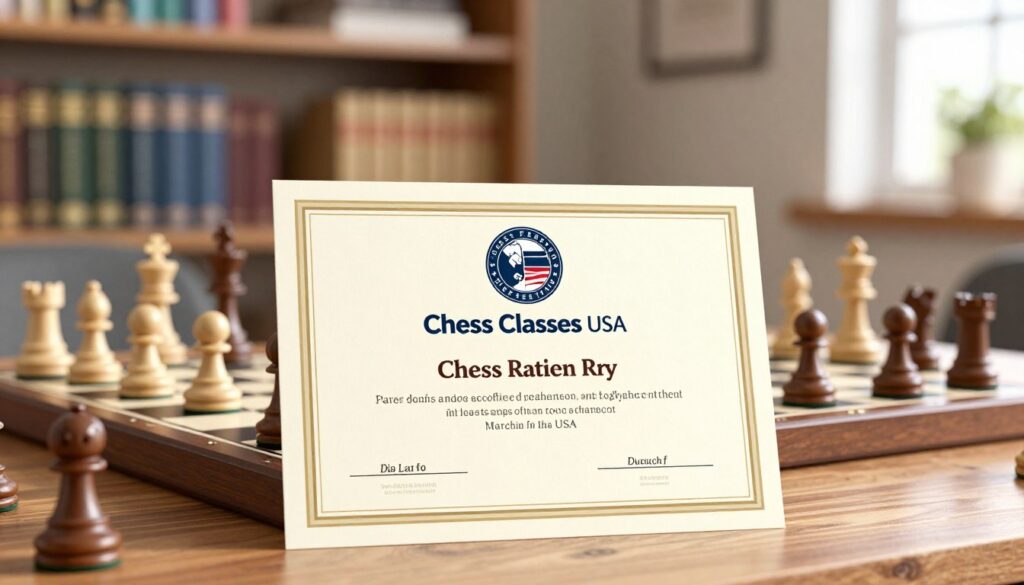 A close-up shot of a chess rating certificate, prominently displaying an official logo of the US Chess Federation at the top. The certificate is centered in the foreground on a wooden desk, surrounded by a chessboard with pieces arranged in mid-game. In the middle background, a blurred bookshelf filled with chess strategy books adds depth, hinting at a scholarly atmosphere. Soft, natural light streams in from a nearby window, creating a warm and inviting mood. The focus captures the intricate details of the certificate's design, with an elegant font showing the player's name, rating, and date, subtly emphasizing the importance of chess ratings. The brand name "Chess Classes USA" is incorporated into the design of the certificate.