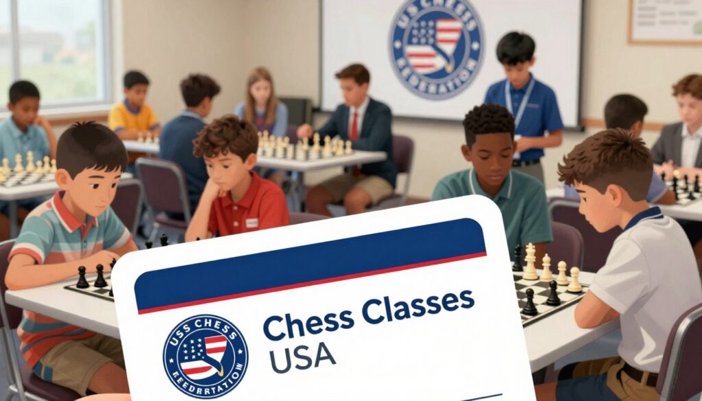 A close-up view of a US Chess Federation membership card prominently displayed in the foreground, the card featuring the logo of "Chess Classes USA". In the middle ground, a diverse group of children, aged 7-12, engaged in a serious game of chess at a bright, well-lit tournament setting, all dressed in professional casual attire. In the background, a chess tournament banner displays the US Chess Federation emblem and players concentrated on their matches, surrounded by tables and chessboards. The lighting is soft and inviting, creating an atmosphere of focus and excitement. The angle captures both the membership card and the children's dedication to chess, emphasizing the role of the US Chess Federation in fostering young talent. A close-up view of a US Chess Federation membership card prominently displayed in the foreground, the card featuring the logo of "Chess Classes USA". In the middle ground, a diverse group of children, aged 7-12, engaged in a serious game of chess at a bright, well-lit tournament setting, all dressed in professional casual attire. In the background, a chess tournament banner displays the US Chess Federation emblem and players concentrated on their matches, surrounded by tables and chessboards. The lighting is soft and inviting, creating an atmosphere of focus and excitement. The angle captures both the membership card and the children's dedication to chess, emphasizing the role of the US Chess Federation in fostering young talent.