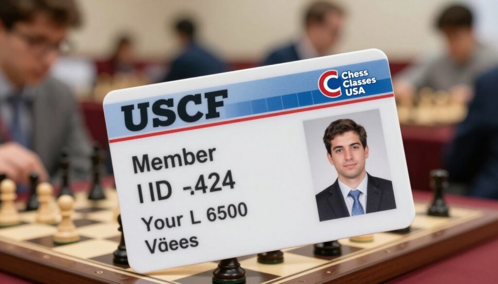 A close-up view of a USCF ID card prominently displayed in the foreground, showcasing a unique member ID number, a photo of a professional chess player in business attire, and the logo of "Chess Classes USA" in the corner. The ID card should be slightly angled to highlight its glossy finish and intricate design elements, with soft natural lighting illuminating the surface, creating gentle reflections. In the middle ground, a blurred chessboard with pieces set up for a match conveys the theme of chess. The background features a subtle out-of-focus image of a chess tournament scene, hinting at various players engaged in intense competition. The overall mood is one of focus, professionalism, and determination, embodying the spirit of chess competition.
