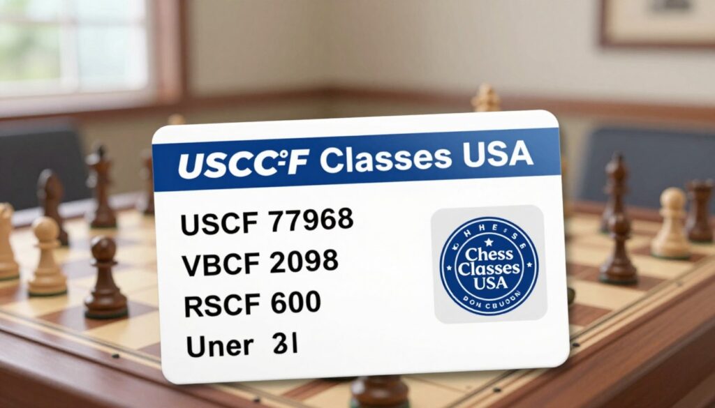 A close-up view of a USCF ID card, showcasing its design and details prominently. The foreground features the ID card clearly centered, highlighting its unique number and the logo of Chess Classes USA, in elegant blue color. In the middle, a soft, blurred chessboard pattern adds depth, suggesting a strategic environment. The background consists of a well-lit room with a chess table set up, creating a professional atmosphere. Natural lighting filters through a window, casting gentle shadows that enhance the card's features. The overall mood conveys a sense of legitimacy and seriousness, inviting viewers to understand the significance of the USCF ID in the chess community. Ensure no text overlays or extraneous details are present, maintaining focus on the ID card itself.