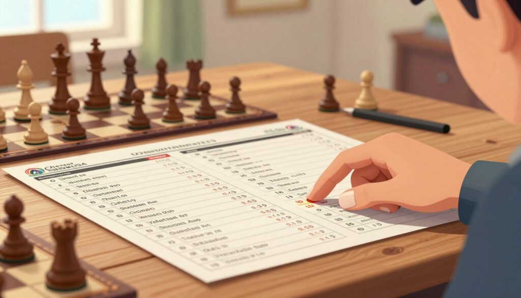 A close-up view of a chess enthusiast studying a cross table of tournament results laid out on a wooden table. The foreground features a hand delicately pointing at specific moves and results, with well-groomed nails. In the middle, the cross table displays detailed chess match statistics, such as player names, scores, and round information, all arranged neatly. The background includes soft, blurred elements like chess pieces and a gentle, warm light filtering through a window, creating an inviting atmosphere. The room has subtle chess-themed decor, enhancing the focus on the serious analysis of the results. The scene reflects a sense of education and engagement, with a logo for "Chess Classes USA" subtly integrated into the tabletop design, ensuring no distractions from the main focus of the image.