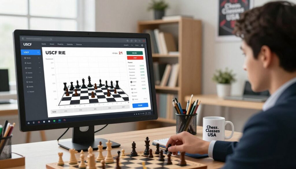 A close-up view of a chess performance tracking interface displayed on a sleek modern computer screen, with user-friendly graphs and charts illustrating player progress and USCF ratings. In the foreground, a user in professional business attire is intently analyzing the statistics, showcasing engagement and focus. The middle ground features a well-organized workspace, adorned with chess pieces, a notepad, and a mug with the logo of "Chess Classes USA". In the background, a bright and airy room filled with bookshelves and motivational chess posters creates an inspiring atmosphere. The image is illuminated with soft, natural light streaming through a window, enhancing the overall mood of professionalism and commitment to improvement in chess.