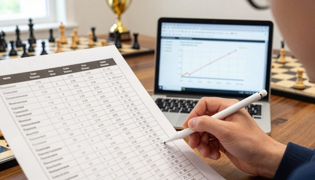 A close-up view of a chess tournament results table, heavily populated with data, presenting various names, scores, and rankings. In the foreground, a hand, perhaps of a concerned parent, points to a column of numbers while a stylus is poised, as if ready to take notes. The middle ground features a laptop open to a chess analysis page, showing graphs of performance trends and win rates, all arranged neatly. The background reveals a softly lit room with chess boards and trophies reflecting a warm, educational atmosphere. Bright, natural light filters through a window, casting soft shadows, highlighting the seriousness of reading tournament results. The branding "Chess Classes USA" is subtly represented on the open laptop screen. The mood conveys a mix of curiosity, focus, and determination to understand chess standings accurately.