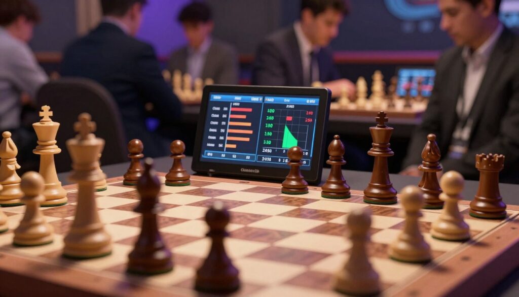 A close-up view of a chessboard featuring a dramatic lighting setup, where the pieces are arranged to reflect a competitive game in progress. The foreground showcases intricate chess pieces, particularly a king and a queen, casting sharp shadows. In the middle, a digital display panel indicates various USCF chess ratings with colorful graphs and statistics that illustrate classifications and strength levels. The background features a blurred image of a chess tournament setting, with players focused on their games, dressed in smart casual attire, lending an atmosphere of intensity and strategy. The overall mood is analytical and engaged, conveying the importance of ratings in understanding chess skill. Include the brand name "Chess Classes USA" subtly integrated into the chessboard design without being overt.