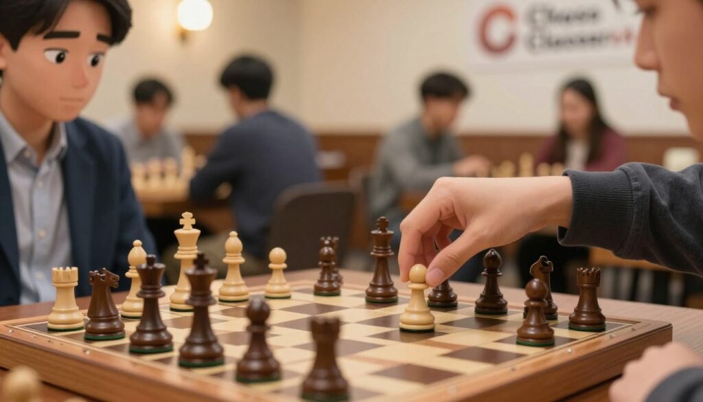 A close-up view of a chessboard in the foreground, featuring pieces in a chaotic, incorrect opening formation as a metaphor for common chess mistakes. The middle ground includes a pair of hands, one reaching to move a piece while the other looks hesitant, showcasing a decision-making moment. The background depicts a cozy, warmly lit chess club setting with blurred figures of adults dressed in smart casual attire engaged in games. Soft, diffused lighting casts gentle shadows, creating a relaxed, inviting atmosphere. The overall mood conveys the tension of competition mixed with the warmth of learning and support, representing the journey of new competitors. Subtly include the logo of "Chess Classes USA" on a nearby wall.