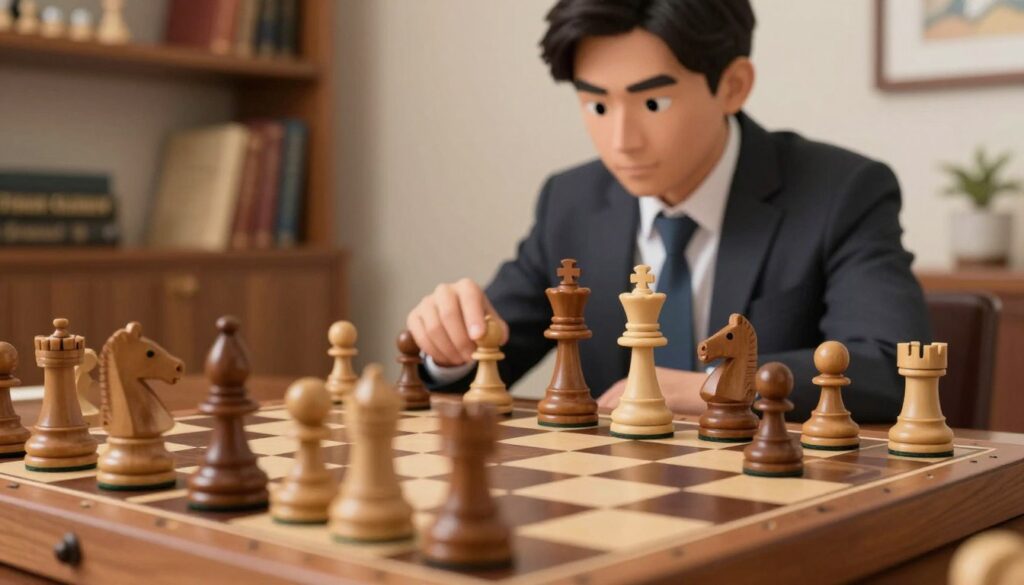 A close-up view of a chessboard with intricate, polished wooden pieces in mid-game, showcasing an intense battle between a knight and a queen, symbolizing strategic strength. In the background, a blurred figure of a focused chess player, dressed in professional business attire, leans over the board, analyzing their next move. Soft, warm lighting gives an inviting atmosphere while highlighting the elegant details of the chess pieces. The setting is a cozy, well-lit room filled with bookshelves and chess-related decor, representing a journey of learning and growth. The image should evoke a sense of determination and intellectual challenge, branding it subtly as "Chess Classes USA" without text.