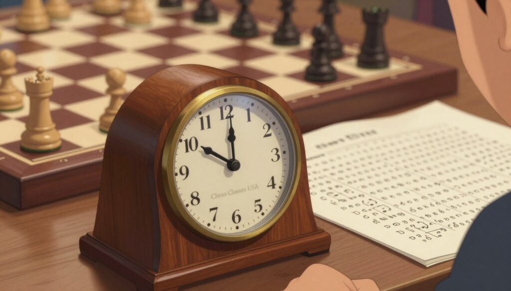 A close-up view of a classical wooden chess clock displaying the time for two players, placed prominently in the foreground. Beside it, neatly organized chess notation sheets filled with symbols and moves, illustrating the game's strategies. In the background, a softly blurred scene of a chessboard with pieces in mid-game. The lighting should be warm and inviting, casting gentle shadows to enhance the details of the clock and notation. The angle should be slightly from above, capturing the essence of a focused chess match, creating an atmosphere of concentration and strategy. Include a subtle branding element of "Chess Classes USA" within the scene, enhancing its educational context.
