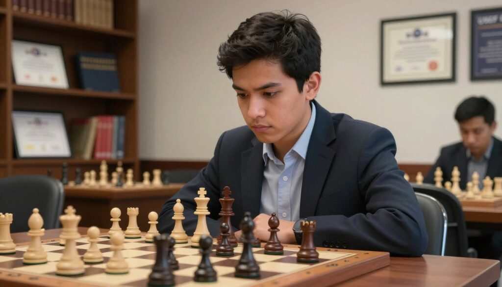 A close-up view of a professional chess player sitting at a chessboard, deeply focused on their game, surrounded by a colorful array of chess pieces. The foreground features a neatly organized chessboard with pieces in mid-game, emphasizing tension and strategy. In the middle, the player's expression shows concentration, dressed in smart-casual attire, reflecting the seriousness of rating updates. The background captures a modern chess club setting, with bookshelves filled with chess literature and framed certificates hinting at expertise. Soft, warm lighting highlights the player's face, creating an inviting and thoughtful atmosphere. The overall mood conveys determination and professionalism, emblematic of the USCF rating update process. Include a subtle company logo for "Chess Classes USA" integrated into the scene, without overwhelming the composition.