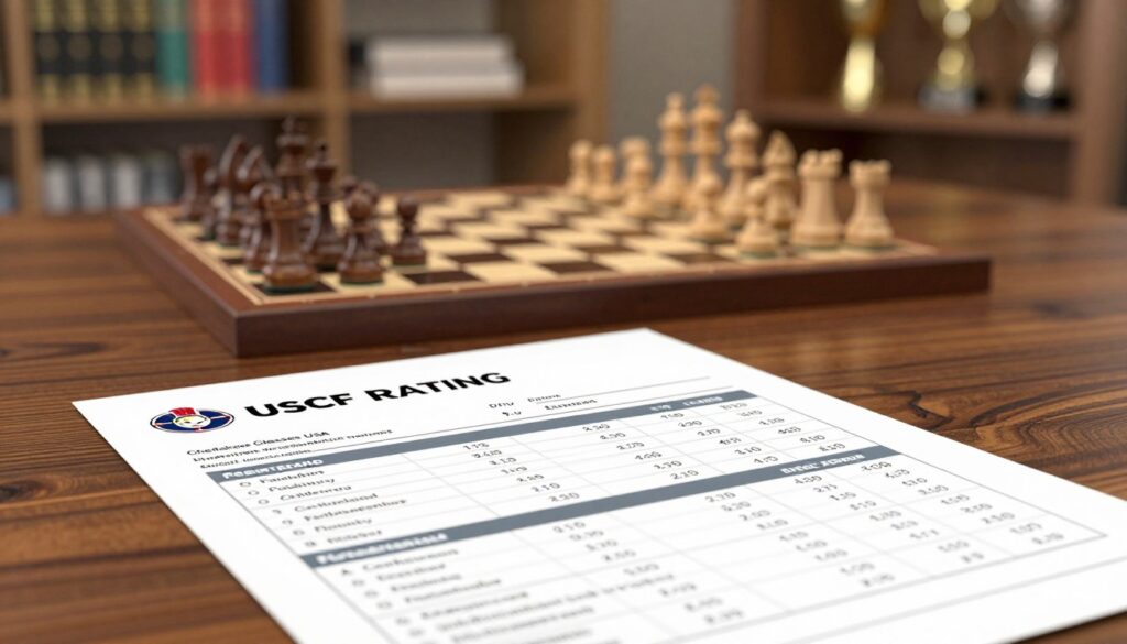 A close-up view of an official USCF chess rating report, prominently displayed on a polished wooden table. In the foreground, the report features clear, organized sections detailing player ratings, tournament history, and performance statistics. The middle ground shows a classic chessboard with elegant pieces, hinting at past matches, while the background is softly blurred but suggests a cozy, well-lit study with shelves of chess books and trophies, creating an intellectual atmosphere. Warm, ambient lighting highlights the document, enhancing its importance. A small logo for "Chess Classes USA" subtly integrated into the corner of the report emphasizes professionalism. The overall mood is focused and serene, inviting contemplation and understanding of chess ratings.