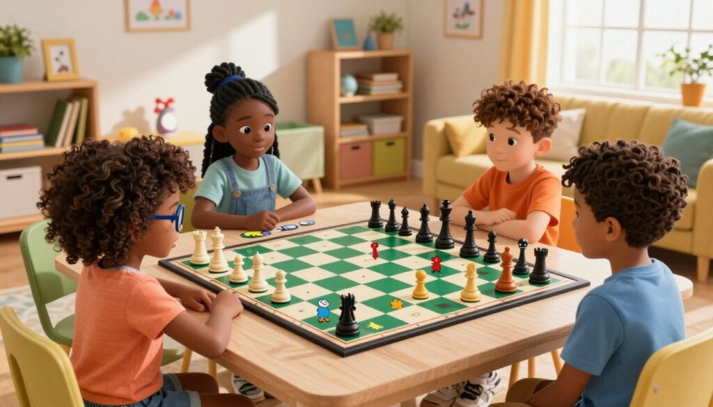 A colorful and engaging children's chess game scene, featuring a diverse group of kids aged 6-10 sitting around a large chessboard in a cozy living room. In the foreground, a young girl with curly hair and glasses is focused on her next move, while a boy with short hair watches eagerly. In the middle, the chessboard is vibrant with cartoon-style chess pieces, some animated, to showcase the game’s exciting potential. The background includes shelves filled with books and playful decorations, creating a warm and inviting atmosphere. Natural light streams in through a window, casting soft shadows. The entire scene conveys a sense of curiosity and joy, promoting the developmental benefits of chess for children. Visible branding for "Chess Classes USA" is subtly integrated into the decor.