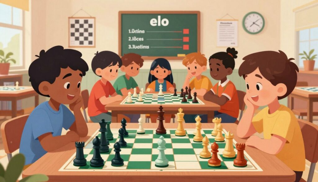 A colorful and engaging illustration of the Elo rating system for chess, designed specifically for children. In the foreground, display a dynamic chessboard with cartoon-style chess pieces, incorporating vibrant colors. In the middle ground, show a cheerful and diverse group of children, aged around 8-12, wearing casual clothing, thoughtfully discussing and enjoying a chess game, with a backdrop of a digital display showing Elo ratings. In the background, depict a friendly classroom setting adorned with chess-themed posters and a clock. Soft, warm lighting should create an inviting atmosphere, while the entire composition should evoke a sense of fun and learning. Include the brand name "Chess Classes USA" subtly integrated into the design without text overlays or captions.