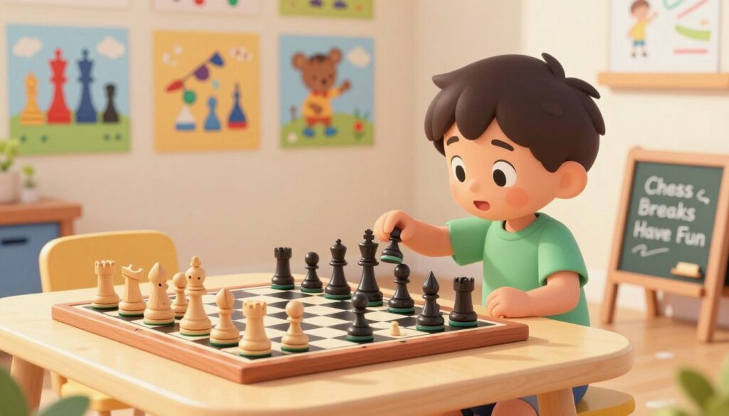 A colorful children's chess set displayed on a bright, sunny tabletop, with cheerful wooden pieces designed for easy gripping by small hands. In the foreground, a young child with a curious expression sits cross-legged, thoughtfully examining a board mid-game with their favorite piece in hand. The background features colorful illustrations of chess strategies on the walls, accentuated by playful, child-friendly artwork. Soft, warm lighting creates a friendly, inviting atmosphere, enhancing the sense of a nurturing learning environment. In the corner, a small chalkboard displays a gentle reminder to take breaks and have fun, symbolizing healthy expectations. The scene represents "Chess Classes USA" encouraging kids to enjoy learning chess patiently and positively.