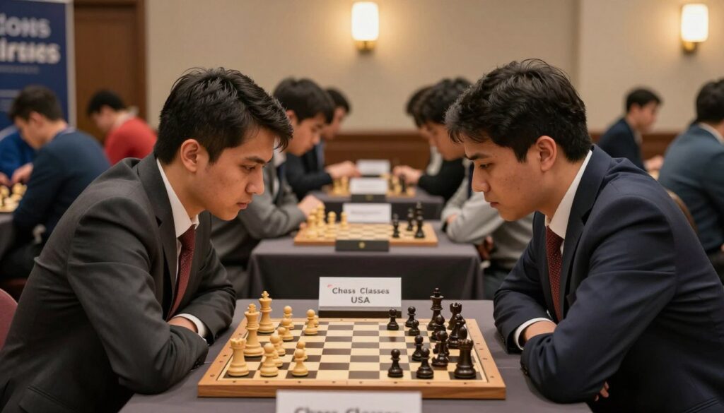 A competitive chess play scene showcasing intense focus among two players at a tournament. In the foreground, depict two adult males engaged in serious concentration, dressed in professional business attire, with one leaning forward slightly, their faces illuminated by warm overhead lighting. The middle ground features a chessboard with intricately designed pieces in mid-game, emphasizing strategic positioning. In the background, capture a bustling tournament environment, including spectators and other players in casual clothing, with soft, ambient lighting that creates a sense of excitement and anticipation. The atmosphere should evoke determination and the thrill of competition. The logo of "Chess Classes USA" subtly integrated into the scene's decor.