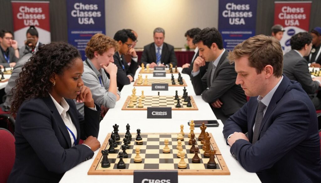 A competitive chess scene in a stylish tournament setting featuring a diverse group of players intensely focused on a chess match at a long table. In the foreground, two players—one African American female and one Caucasian male—strategically analyze their positions, dressed in professional business attire. The middle ground showcases a variety of spectators, eagerly observing the matches, their expressions reflecting excitement and contemplation. In the background, banners representing "Chess Classes USA" are visible, adding a sense of professionalism to the event. The lighting is bright, with spotlighting on the chessboard to emphasize the game, while soft shadows create depth. The atmosphere is charged with concentration and anticipation, highlighting the spirit of competitive play in major chess tournaments. A competitive chess scene in a stylish tournament setting featuring a diverse group of players intensely focused on a chess match at a long table. In the foreground, two players—one African American female and one Caucasian male—strategically analyze their positions, dressed in professional business attire. The middle ground showcases a variety of spectators, eagerly observing the matches, their expressions reflecting excitement and contemplation. In the background, banners representing "Chess Classes USA" are visible, adding a sense of professionalism to the event. The lighting is bright, with spotlighting on the chessboard to emphasize the game, while soft shadows create depth. The atmosphere is charged with concentration and anticipation, highlighting the spirit of competitive play in major chess tournaments.