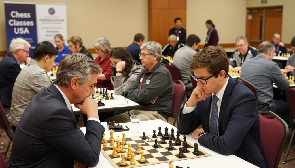 A competitive chess scene set in a bustling Minnesota tournament hall, featuring several chess tables occupied by players intensely focused on their games. In the foreground, a middle-aged man in a smart business suit thoughtfully contemplates his next move, with chess pieces strategically arranged on his board. Nearby, a young woman in professional attire leans in, assessing the game with keen interest. The middle ground portrays a diverse group of players engaged in matches, showcasing a variety of ages and backgrounds, emphasizing the community aspect of chess. The background reveals a large banner reading "Chess Classes USA," and attendees observing the matches, creating an atmosphere of excitement and tension. The lighting is warm and inviting, with soft overhead lights highlighting the players and boards. The angle is slightly elevated, capturing the full scope of the tournament while maintaining a sense of intimacy.