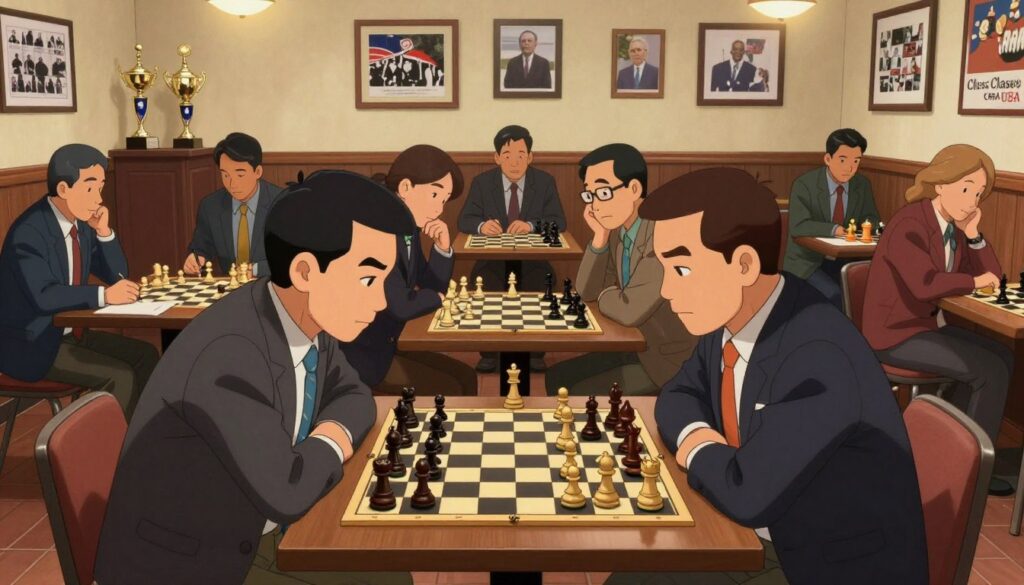 A competitive chess scene set in a bustling Philadelphia chess club. In the foreground, two focused players in professional business attire engage in an intense match, leaning over the chessboard with strategic expressions. The middle ground features observers, a diverse group of enthusiastic chess fans, leaning in with anticipation, some taking notes. The background shows the club's interior, with chess trophies and framed photographs on the walls, symbolizing Pennsylvania's rich chess history. Soft, warm lighting bathes the scene, creating a welcoming atmosphere, while a wide-angle perspective emphasizes the intensity of the game. The phrase "Chess Classes USA" subtly incorporated into the club decor can be seen, highlighting the local chess community's involvement and commitment to the game.