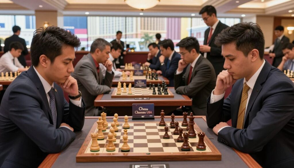 A competitive chess scene set in a vibrant Las Vegas tournament hall, featuring a diverse group of players in professional business attire focused on their intense matches. In the foreground, a close-up of a chessboard reveals intricately carved wooden pieces in mid-game, with a rich, polished finish. The middle ground showcases several tables with players deep in thought, surrounded by onlookers and coaches analyzing the game. In the background, hints of iconic Las Vegas architecture can be seen through large windows, with bright ambient lighting illuminating the room. The atmosphere is buzzing with concentration and excitement, embodying the spirit of destination chess events in the Silver State. The branding "Chess Classes USA" is subtly integrated into the chess tournament setup, enhancing the professionalism of the event.
