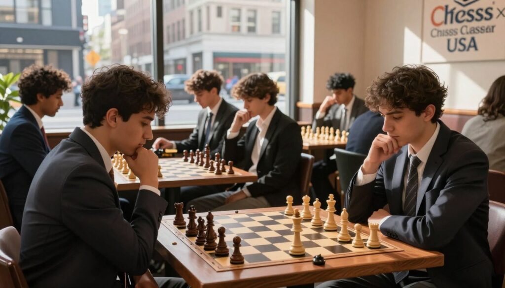 A competitive chess scene set in an upscale New York City chess café. In the foreground, a diverse group of focused players in professional attire are intensely engaged in a game, one player contemplating their next move. The middle ground features an elegant chessboard with intricately carved pieces, capturing the tension of the tournament atmosphere. In the background, large windows showcase the bustling streets of New York, with sunlight filtering through, casting dynamic shadows across the room. The ambiance is one of concentration and strategy, reflecting the serious nature of navigating the US Chess Federation Rating System. The logo “Chess Classes USA” is subtly visible on a wall in the background, enhancing the context without being obtrusive. Soft, warm lighting enhances the thoughtful mood of this chess haven.