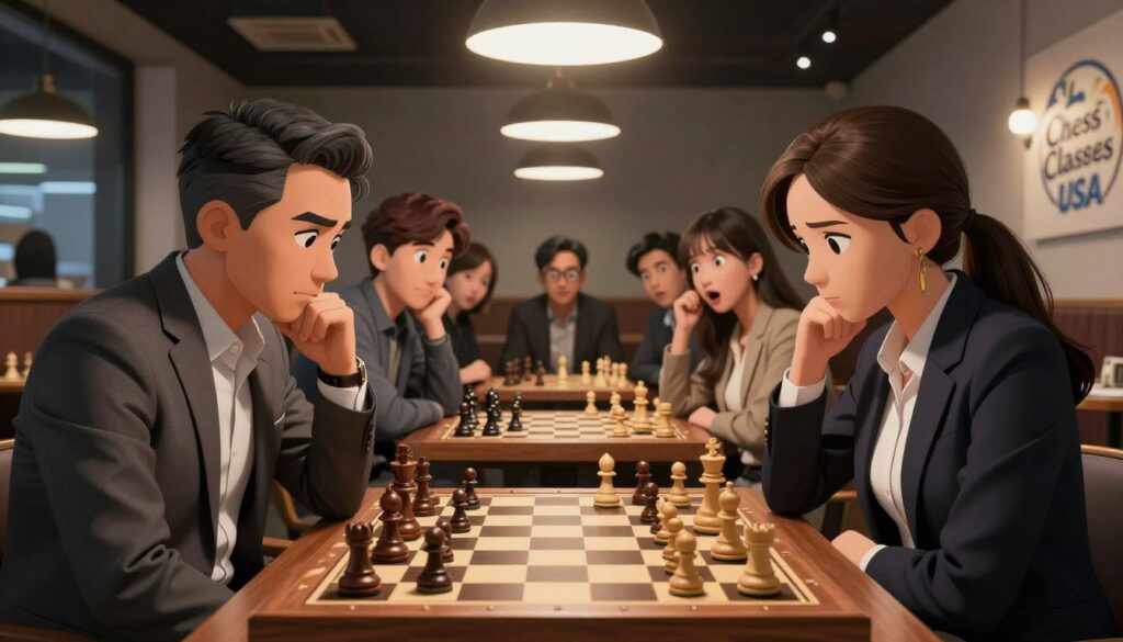 A competitive chess scene unfolds in a stylish, modern chess club. In the foreground, two focused players engage in an intense match, their expressions reflecting concentration and strategy. One player, a middle-aged man in a tailored suit, contemplates his next move, while the other, a young woman in smart business attire, studies the board intently. In the middle background, a small audience watches eagerly, with a mix of expressions ranging from curiosity to excitement. Soft, diffused overhead lighting casts an inspiring glow on the polished wooden chessboard, emphasizing the intricacy of the pieces. The atmosphere is charged with tension and intellectual challenge, framed by the elegant decor of the club. A subtle logo for "Chess Classes USA" appears on a wall in the background, showcasing the connection to chess education while enhancing the overall aesthetic.