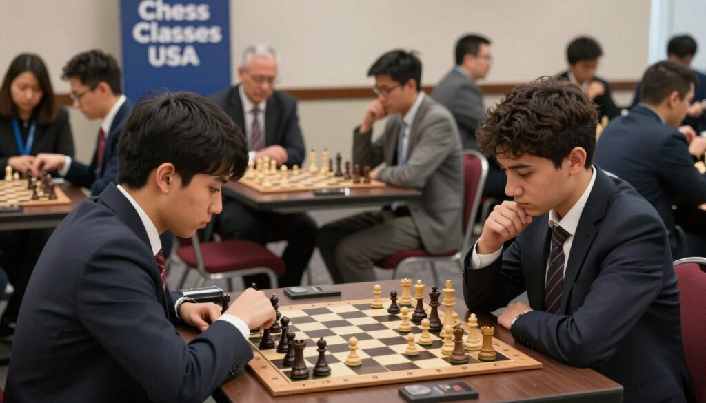 A competitive chess tournament scene featuring diverse players of varying ages, engaged in deep concentration over chessboards with intricate pieces. In the foreground, two focused players in professional business attire face off, one analyzing the board while the other studies their opponent. The middle ground showcases several other chess tables, with spectators observing intently. The background features banners displaying "Chess Classes USA," adding a sense of community and involvement. Soft, focused lighting highlights the intensity of the matches, creating a dynamic but respectful atmosphere. The camera angle captures the seriousness of the game, emphasizing strategy and skill, while maintaining an inviting environment for both players and onlookers. A competitive chess tournament scene featuring diverse players of varying ages, engaged in deep concentration over chessboards with intricate pieces. In the foreground, two focused players in professional business attire face off, one analyzing the board while the other studies their opponent. The middle ground showcases several other chess tables, with spectators observing intently. The background features banners displaying "Chess Classes USA," adding a sense of community and involvement. Soft, focused lighting highlights the intensity of the matches, creating a dynamic but respectful atmosphere. The camera angle captures the seriousness of the game, emphasizing strategy and skill, while maintaining an inviting environment for both players and onlookers.