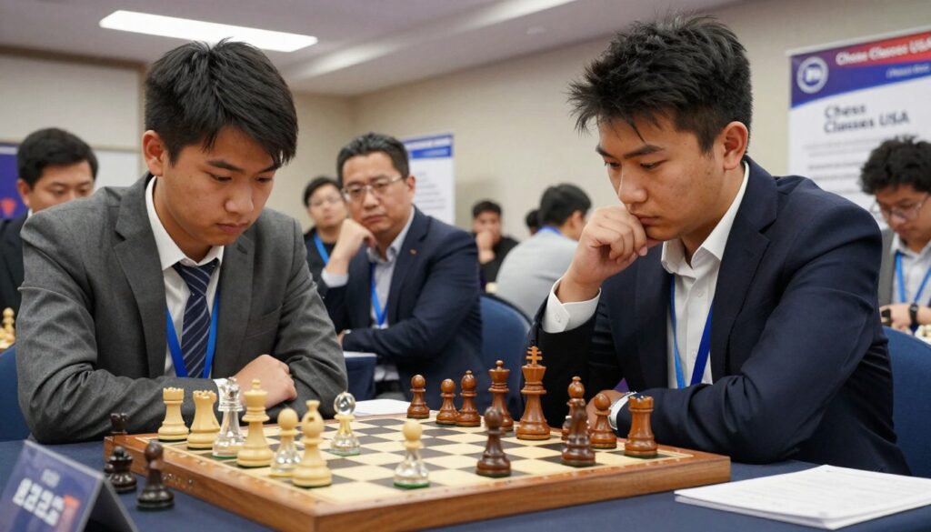A competitive chess tournament scene featuring two intense players, one focused on the board and the other deeply contemplating their next move. In the foreground, a polished wooden chessboard displays a mid-game position with intricate pieces, showcasing a mix of wooden and glass designs. Both players are dressed in professional business attire—one in a tailored suit and the other in a smart blazer—symbolizing the serious nature of tournament play. In the middle ground, spectators lean in, with expressions of anticipation, creating a dynamic atmosphere. The background showcases a well-lit tournament hall, complete with banners and a sign for "Chess Classes USA," emphasizing the competitive and educational aspects of chess. The lighting is bright and focused, drawing attention to the players while creating a vibrant, engaging mood. The angle captures a slight overhead view, providing a comprehensive view of the action on the board. A competitive chess tournament scene featuring two intense players, one focused on the board and the other deeply contemplating their next move. In the foreground, a polished wooden chessboard displays a mid-game position with intricate pieces, showcasing a mix of wooden and glass designs. Both players are dressed in professional business attire—one in a tailored suit and the other in a smart blazer—symbolizing the serious nature of tournament play. In the middle ground, spectators lean in, with expressions of anticipation, creating a dynamic atmosphere. The background showcases a well-lit tournament hall, complete with banners and a sign for "Chess Classes USA," emphasizing the competitive and educational aspects of chess. The lighting is bright and focused, drawing attention to the players while creating a vibrant, engaging mood. The angle captures a slight overhead view, providing a comprehensive view of the action on the board.