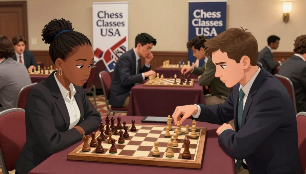 A competitive chess tournament scene in a beautifully arranged indoor venue. In the foreground, two focused players, one African American female and one Caucasian male, are deep in concentration, analyzing the chessboard filled with intricately carved wooden pieces. Both are dressed in professional business attire, reflecting the seriousness of the match. In the middle ground, other players engage in spirited games, with tension visible on their faces. Behind them, banners featuring "Chess Classes USA" hang elegantly, indicating the event's affiliation. The lighting is warm and inviting, highlighting the glossy chessboards, while strategic shadows add depth to the atmosphere. The angle is slightly elevated, capturing both the intensity of the matches and the camaraderie among participants, evoking a sense of passion and competition in the realm of chess.