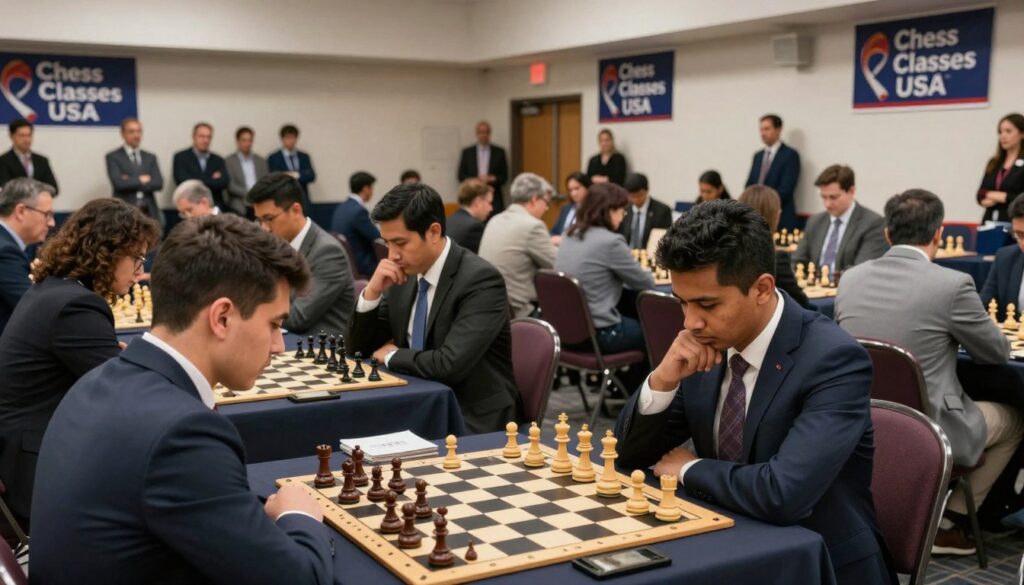 A competitive chess tournament scene set in a bustling Philadelphia venue. In the foreground, a diverse group of focused players, including men and women of various ethnicities, deeply engaged in a chess match, dressed in professional business attire. The middle ground features elegantly designed chessboards with classic wooden pieces, while observers intently watch the matches unfold. In the background, banners representing "Chess Classes USA" hang from the walls, and a crowd watches, adding to the excitement. Soft, diffuse overhead lighting enhances the intense atmosphere, creating sharp contrasts on the chessboards. The composition captures the energy and strategy of major tournaments and annual events, highlighting the spirit of competitive chess in Pennsylvania.