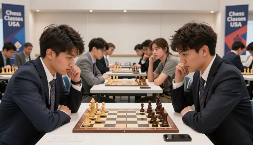 A competitive chess tournament scene set in a well-lit, modern hall, featuring an intense match between two focused players in professional business attire. In the foreground, a chessboard with intricately designed pieces, some in motion, highlighting strategies being employed. The middle ground showcases spectators of different ages, engaging and whispering strategies, their expressions ranging from concentration to excitement. In the background, banners displaying "Chess Classes USA" hang from the walls, enhancing the tournament atmosphere. The lighting is bright yet soft, casting gentle shadows that create depth. The overall mood is one of tension and anticipation, encapsulating the spirit of competition and the importance of tournament sections and eligibility.