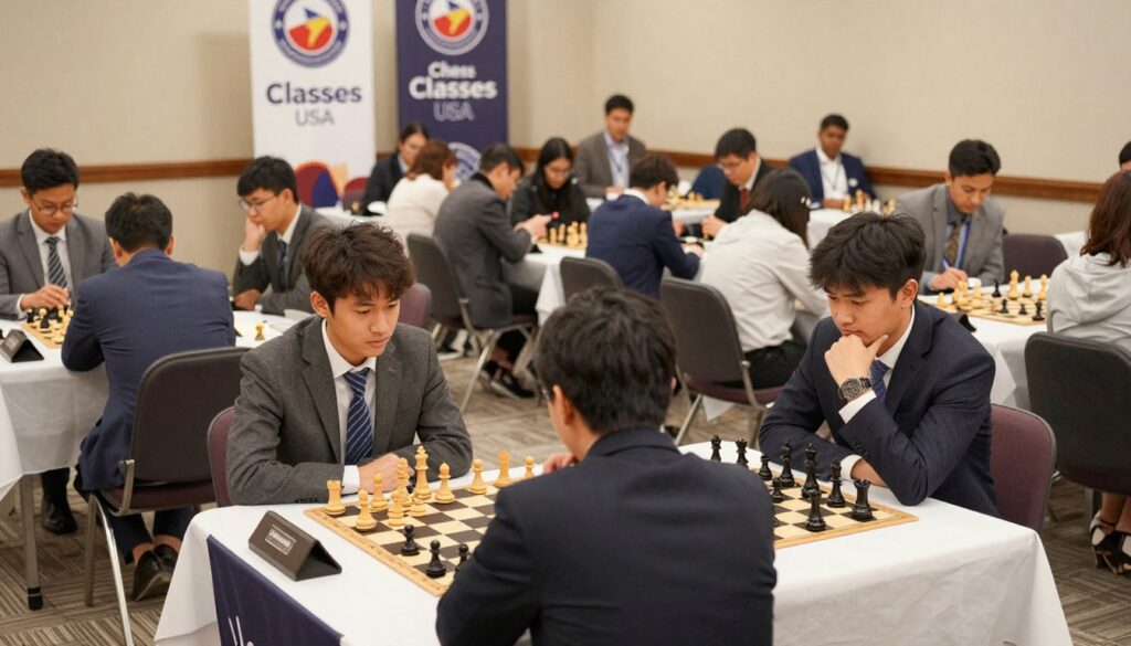 A competitive chess tournament scene set in a well-lit, spacious hall filled with tables showcasing chess boards and eager players. In the foreground, two focused competitors engage in a tense match, dressed in professional business attire, deep in thought as they consider their moves. The middle ground captures an audience of attentive spectators, some leaning forward, others taking notes, all adding to the intensity of the atmosphere. The background features banners with the logo of "Chess Classes USA," emphasizing the importance of the event. Soft, warm lighting creates an inviting yet serious ambiance, while a high-angle shot allows for a comprehensive view of the tournament layout, highlighting the strategic nature of chess and the excitement surrounding state championships.