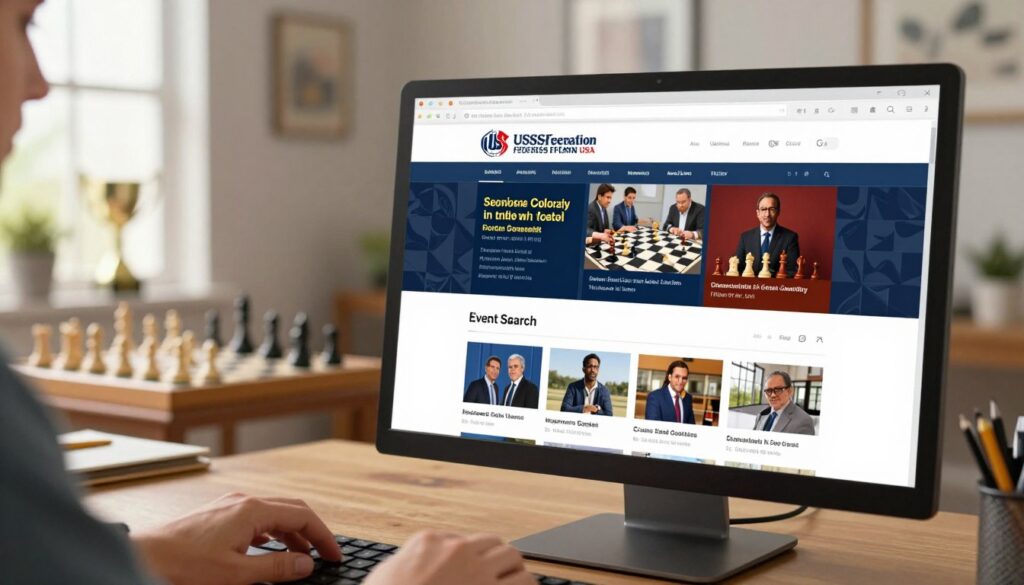 A computer screen displays the US Chess Federation website, highlighting the "Event Search" feature. In the foreground, a hand is poised over a sleek keyboard, fingers ready to type. The middle ground features a soft-focus view of the monitor, where vibrant images of chess events, dates, and locations are visible. In the background, warm, natural lighting streams in through a large window, illuminating a cozy room adorned with chess-related decor, like trophies and a chessboard. A subtle depth of field enhances the scene, creating a clear focus on the screen while the surroundings reflect a sense of enthusiasm and community in chess. The logo "Chess Classes USA" is subtly placed in the corner of the screen, emphasizing the educational aspect. The overall mood is inviting, encouraging viewers to engage with the content.