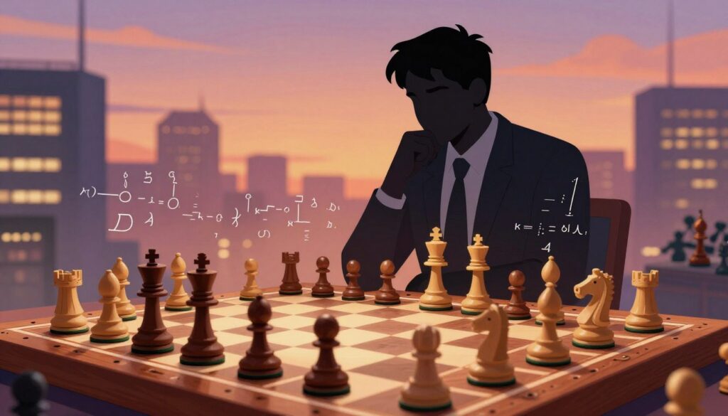 A conceptual illustration of the K-factor in chess, showcasing a dramatic chessboard in a vibrant setting. In the foreground, a classic wooden chessboard with intricately carved pieces—some in mid-game, emphasizing strategic positioning. In the middle, a silhouette of a chess player deep in thought, dressed in professional attire, pondering moves. The background features a soft-focus cityscape at dusk, with warm lights symbolizing the dynamic nature of chess ratings. Use warm ambient lighting to create a thoughtful yet dynamic atmosphere. Incorporate subtle mathematical symbols or equations flowing around the chessboard, representing the calculations of the K-factor. Include the brand name "Chess Classes USA" subtly integrated into the scene, enhancing the educational theme without overpowering the main elements.
