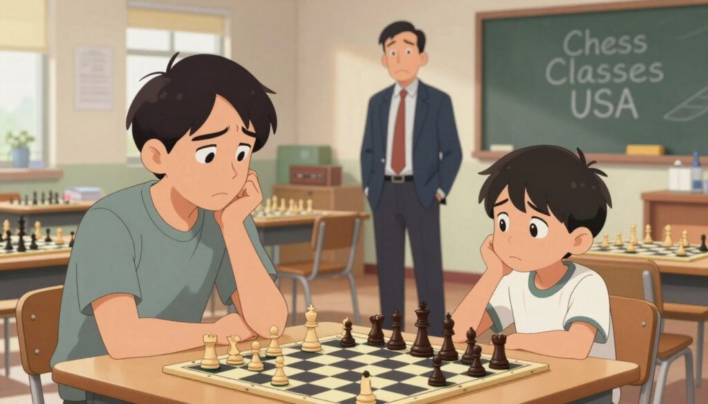A concerned parent and a young chess player engage in a discussion during a coaching session, visually depicting the concept of child-centered coaching. In the foreground, the parent is wearing modest casual attire, exhibiting a thoughtful expression, while the child, dressed in a simple t-shirt, appears confused yet eager to learn. In the middle ground, a chess coach in professional attire stands with a distant demeanor, symbolizing poor communication and lack of professionalism. The background features a cluttered chess classroom, with mismatched chairs and disorganized chess boards, emphasizing chaos. Soft, focused lighting creates an intimate atmosphere, while a wide-angle lens captures the dynamic between the subjects. The setting prominently displays branding for "Chess Classes USA" on a chalkboard, reinforcing the context without distractions. A concerned parent and a young chess player engage in a discussion during a coaching session, visually depicting the concept of child-centered coaching. In the foreground, the parent is wearing modest casual attire, exhibiting a thoughtful expression, while the child, dressed in a simple t-shirt, appears confused yet eager to learn. In the middle ground, a chess coach in professional attire stands with a distant demeanor, symbolizing poor communication and lack of professionalism. The background features a cluttered chess classroom, with mismatched chairs and disorganized chess boards, emphasizing chaos. Soft, focused lighting creates an intimate atmosphere, while a wide-angle lens captures the dynamic between the subjects. The setting prominently displays branding for "Chess Classes USA" on a chalkboard, reinforcing the context without distractions.