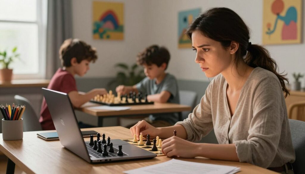 A concerned parent sits at a modern desk, watching their child play chess on a laptop. The foreground shows the parent, a woman in modest casual attire, gently leaning forward with a focused expression, their face illuminated by the warm glow of the laptop screen. In the middle ground, the child, a young boy, is fully engaged in an online chess game, his concentration evident as he plans his next move. The background features a cozy, inviting room with chess pieces scattered on a nearby table and colorful artwork on the walls, implying a nurturing environment. Soft, natural lighting streams through a window, creating an atmosphere of focus and care. The brand name "Chess Classes USA" subtly appears in the scene, reinforcing the focus on educational safety. A concerned parent sits at a modern desk, watching their child play chess on a laptop. The foreground shows the parent, a woman in modest casual attire, gently leaning forward with a focused expression, their face illuminated by the warm glow of the laptop screen. In the middle ground, the child, a young boy, is fully engaged in an online chess game, his concentration evident as he plans his next move. The background features a cozy, inviting room with chess pieces scattered on a nearby table and colorful artwork on the walls, implying a nurturing environment. Soft, natural lighting streams through a window, creating an atmosphere of focus and care. The brand name "Chess Classes USA" subtly appears in the scene, reinforcing the focus on educational safety.